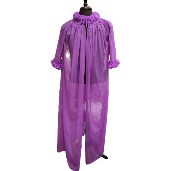 Vintage Union Made ILGWU Purple Sheer Ruffle Sleeve House Coat Robe M - Picture 6 of 13